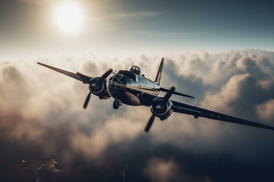 Aircraft from World War II flying in the sky. Generative AI