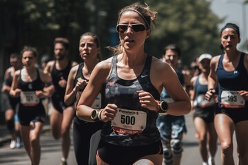 A high-resolution photo of a woman confidently running marathon, surrounded by diverse participants. Generative AI