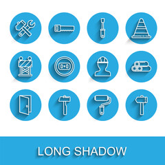 Set line Closed door, Hammer, and wrench spanner, Paint roller brush, Electrical outlet, Industry metallic pipe and Worker safety helmet icon. Vector