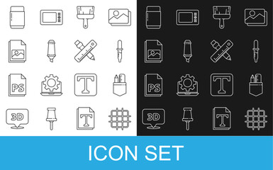 Set line Grid graph paper, Crossed ruler and pencil, Pipette, Paint brush, Marker, Picture landscape, Eraser or rubber and icon. Vector