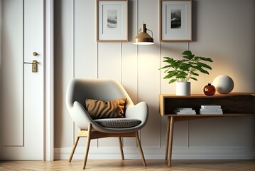 chair in contemporary apartment with blank wall and wooden table. Generative AI