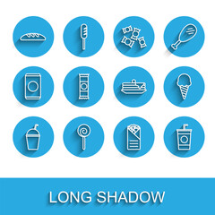 Fototapeta premium Set line Milkshake, Lollipop, Bread loaf, Doner kebab, Paper glass with straw, Chocolate bar, Ice cream in waffle cone and Stack of pancakes icon. Vector