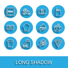 Set line Coffee cup to go, Online ordering burger delivery, Pizza cardboard box, Clock 24 hours, Slice pizza, Chef hat, noodles and Covered with tray food icon. Vector