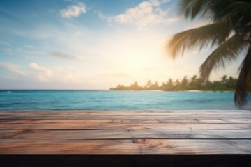 Fototapeta premium Wooden table top on blur tropical beach background - can be used for display or montage your products. Generative Ai