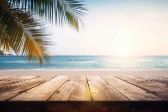 Wooden table top over blur tropical beach background with bokeh image. Generative Ai