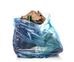 Garbage bag with different trash isolated on white background