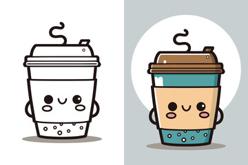Coffee Cup Logo, Cute Coffee Cup Cartoon line art colorful Vector Illustration, Coffee cup icon design, Flat carton style, Food and drink icon