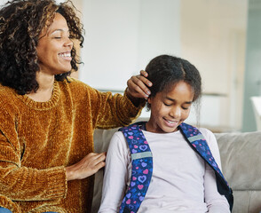 child mother family education school girl home daughter backpack help parent getting ready...