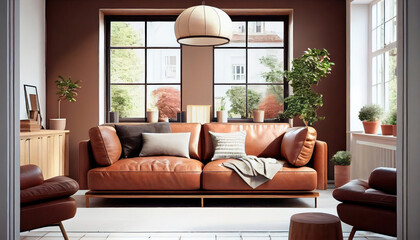 warm living room with a brown sofa and a large wooden frame, Scandinavian style. Generative AI