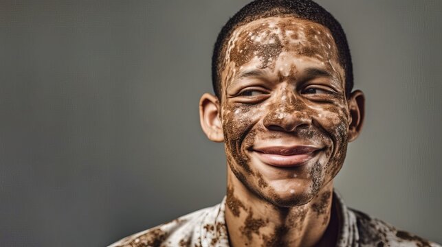 An image of a young man with vitiligo, captured in a dizzying, disorienting angle to convey the feeling of imbalance. Generative AI