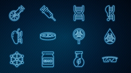 Set line Laboratory glasses, GMO, DNA symbol, Petri dish with bacteria, Genetically modified apple, orange, Biohazard and magnifying and Syringe icon. Vector
