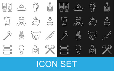 Set line BBQ skewers, Meat chopper, Camping gas stove, tongs, Cook, Glass of beer, Stereo speaker and Cow head icon. Vector