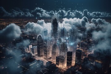 Concept of cloud computing, cyber security, smart city, futuristic data processing cloud. Generative AI