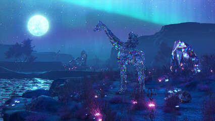 Obraz na płótnie Canvas A diamond astronaut riding a giraffe stands near a pond. Blue neon color. Moon in the night sky.
