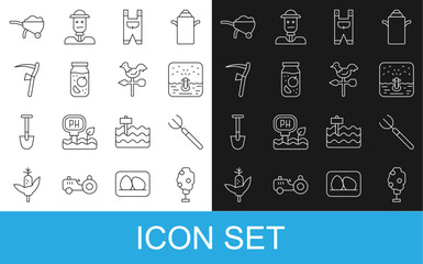 Set line Tree with apple, Garden pitchfork, Automatic irrigation sprinklers, worker clothes, Jam jar, Scythe, Wheelbarrow dirt and Rooster weather vane icon. Vector