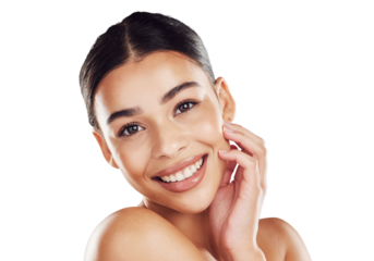 Woman, isolated portrait and natural beauty or skincare, dermatology and face makeup. Smile, girl or cosmetics product for self care, results or facial skin glow on transparent png background