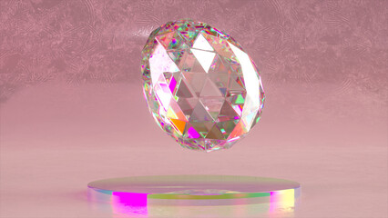 Abstract. pink background. A diamond egg floats in the air above a glass platform. Large gem in the shape of an egg.