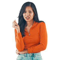 Frustrated, angry or annoyed woman with attitude on an isolated and transparent png background....