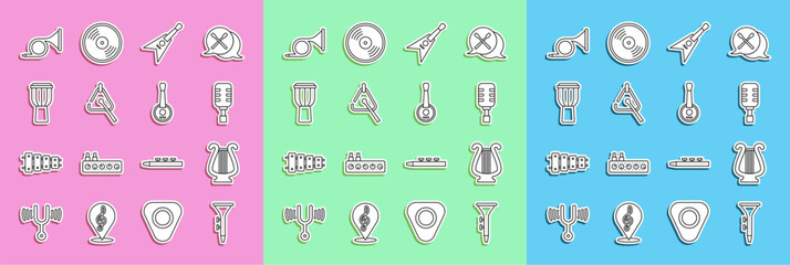 Set line Drum and drum sticks, Ancient lyre, Microphone, Electric bass guitar, Triangle, Trumpet and Banjo icon. Vector