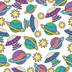 seamless multicolored psychedelic pattern with different elements in the retro hippie style of the 60s - 70s. Vector graphics.
