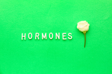 Word HORMONES with rose on green background