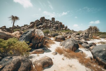Wide angle of Aruba island from Casibari rocks under clear sky. Generative AI - obrazy, fototapety, plakaty
