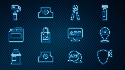 Set line Vandal, Paint spray can, Bolt cutter, Spray nozzle cap, Paint, gouache, jar, dye, roller brush, Speech bubble with text art and icon. Vector