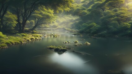 A serene river with a bridge and trees reflecting in the water.