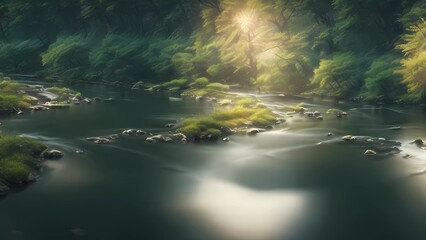 A serene river with a bridge and trees reflecting in the water.