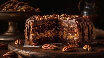 Classic German Chocolate Cake with Coconut Pecan Frosting and Chocolate Shavings. Generative AI.