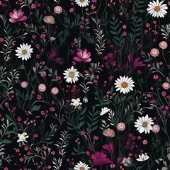 Möbelaufkleber red, pink and white wild flowers with green leaves on black background, seamless pattern © Tina