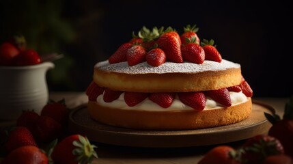 Classic Vanilla Sponge Cake with Fresh Strawberries and Whipped Cream. Generative AI.