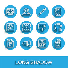 Set line MP3 file document, Movie spotlight, DJ remote and mixing music, Bitrate, Music note, tone, wave equalizer, Headphones and icon. Vector