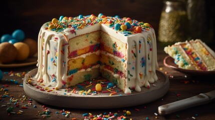 Fototapeta na wymiar Colorful Funfetti Cake with Vanilla Buttercream and Rainbow Sprinkles. Generative AI.