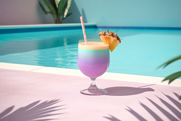 Illustrated summer refreshment by the pool, cold tropical drink, vivid color cocktail. The glass full of explosions of exotic flavors and colors. Illustration, Generative AI.