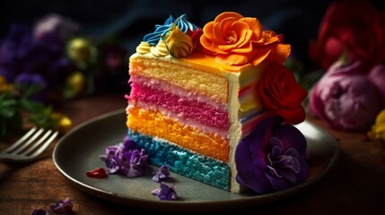 Obraz na płótnie Canvas Colorful Ombre Cake with Vanilla Buttercream and Edible Flowers. Generative AI.