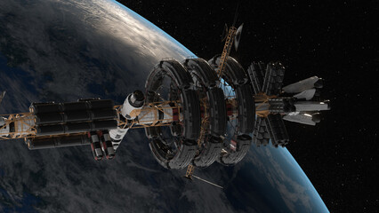 Space station in Earth orbit. ISS. NASA. Space conquest. A view of the Earth and a spaceship. 3d...