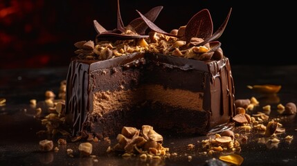 Decadent Chocolate Mousse Cake with Chocolate Shavings and Gold Leaf. Generative AI.