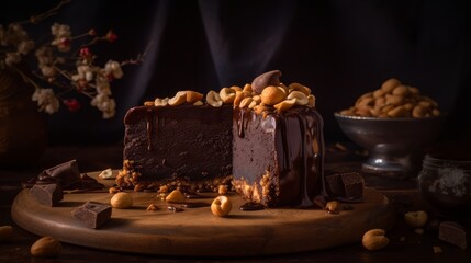 Fototapeta na wymiar Decadent Chocolate Peanut Butter Cheesecake with Chocolate Ganache and Peanuts. Generative AI.