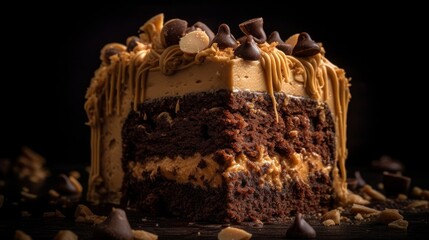 Fototapeta na wymiar Decadent Peanut Butter Chocolate Cake with Peanut Butter Frosting and Chocolate Shavings. Generative AI.