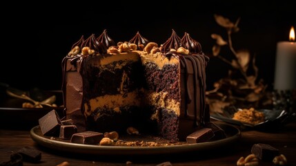 Decadent Peanut Butter Chocolate Cake with Peanut Butter Frosting and Chocolate Shavings. Generative AI.