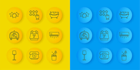 Set line Table lamp, Hotel luggage cart, booking calendar, Bottle of champagne, Air conditioner, Stars rating, Bathtub and icon. Vector