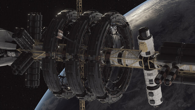 Space station in Earth orbit. ISS. NASA. Space conquest. A view of the Earth and a spaceship. 3d render