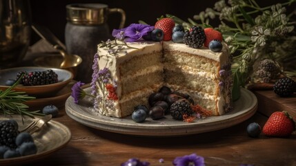 Fototapeta na wymiar Dreamy Earl Grey Lavender Cake with Honey Buttercream and Fresh Berries. Generative AI.