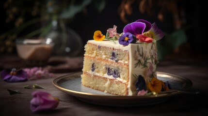 Elegant Earl Grey Cake with Vanilla Buttercream and Edible Flowers. Generative AI.