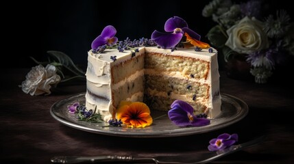 Elegant Earl Grey Lavender Cake with Vanilla Buttercream and Edible Flowers. Generative AI.