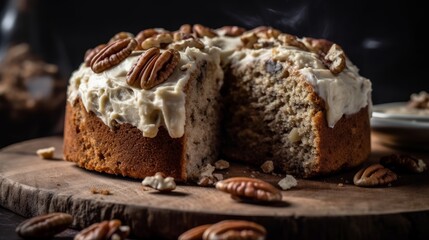 Moist Banana Bread Cake with Cream Cheese Frosting and Chopped Pecans. Generative AI.