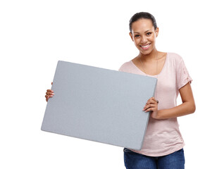 Portrait, poster and mock up with a young woman isolated on a transparent background for marketing or advertising. Billboard, branding logo and about us with an attractive happy female person on PNG