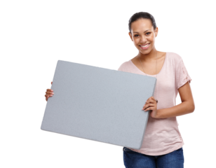 Portrait, poster and mock up with a young woman isolated on a transparent background for marketing or advertising. Billboard, branding logo and about us with an attractive happy female person on PNG