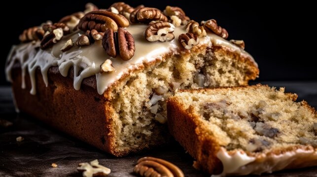Moist Banana Bread Cake with Cream Cheese Frosting and Chopped Pecans. Generative AI.
